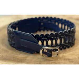 Navy Blue Faux Leather Woven Belt with Silver Buckle